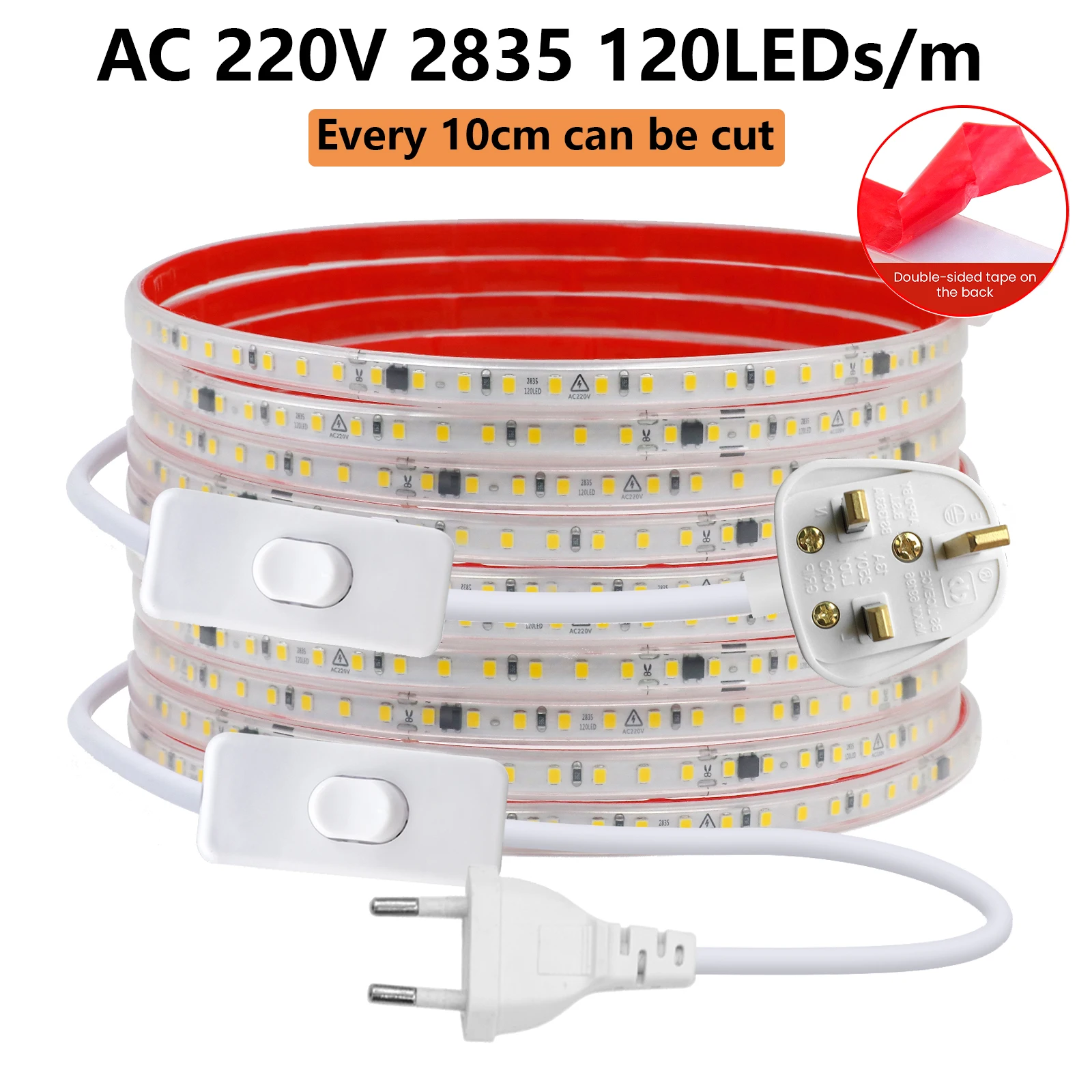 

LED Adhesive Strip 220V 2835 120LEDs/m Waterproof LED Ribbon White Light 10CM Cuttable Flexible LED Strip With Switch EU UK Plug