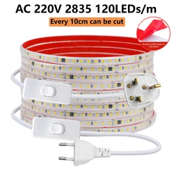 LED Adhesive Strip 220V 2835 120LEDs/m Waterproof LED Ribbon White Light 10CM Cuttable Flexible LED Strip With Switch EU UK Plug