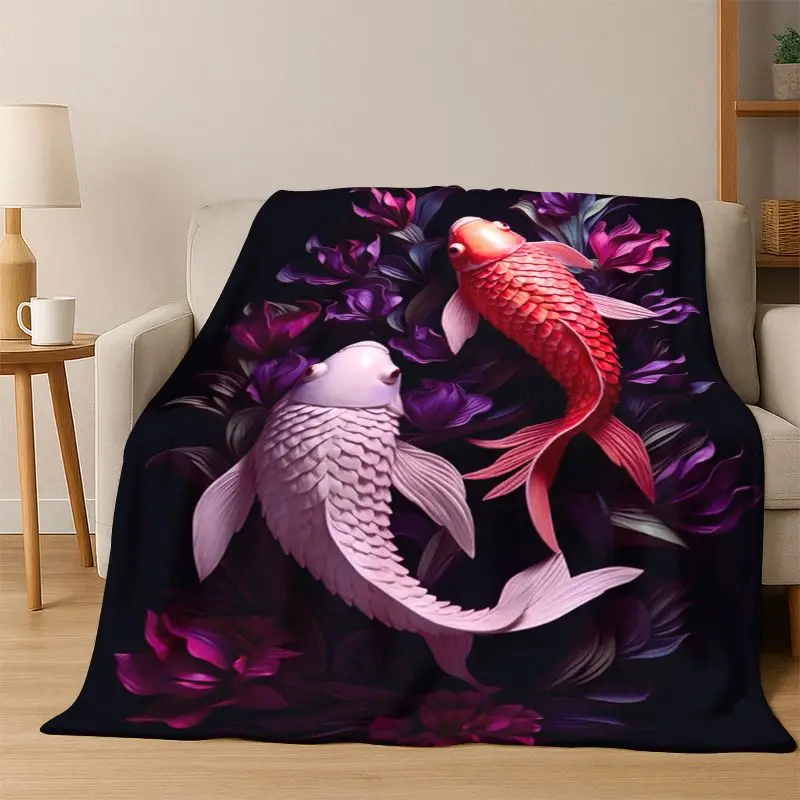 GOOD LUCK Koi Fish Yin Yang Carp Cartoon Flannel Blanket Soft Warm Throw Blanket for Bedroom Living Room Bed Travel Picnic Gift