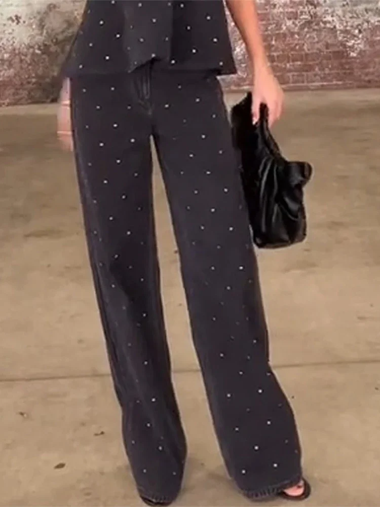 CPSYMYM Mode Diamant Tube Top Broek Sets Vrouwen Sexy Strapless Mouwloos Backless Vest Wijde Pijpen Broek Zomer Dame Outfit