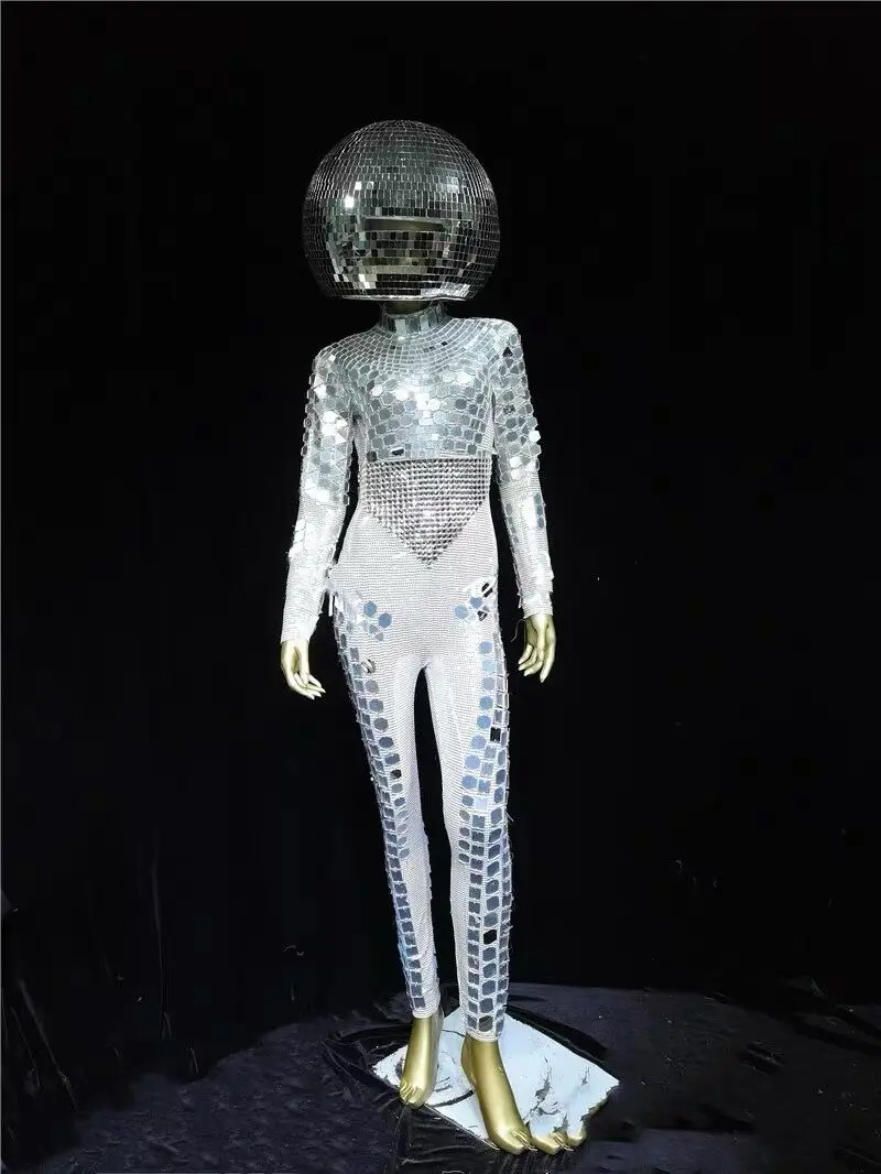 2023 HalloweenHand Made Mirror ball Jumpsuit Glass Helmet Metallic Cosplay Holiday Stage Prop Halloween Christmas Costumes Disco