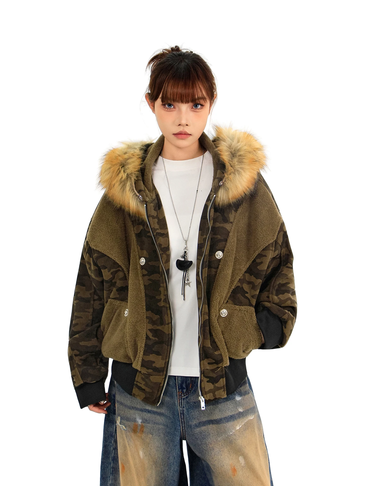 

Кардиган-жакет Hygge Chen в американском уличном стиле с камуфляжными вставками и воротником из искусственного меха, унисекс, зимний, теплый, на флисовой подкладке