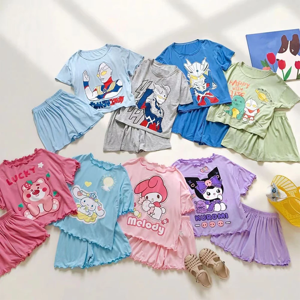 Pijama de manga curta infantil, moda infantil Kawaii, estilo fino, Sanrio, cinnamoroll kuromi, shorts de melodia de anime, novo, verão