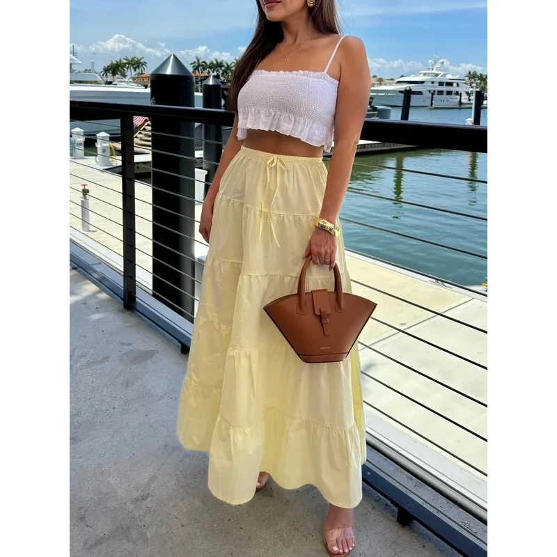 Falda hasta el tobillo para mujer, novedad de verano, costura multicapa, decoración informal con cordones, versátil, moda de vacaciones Simple