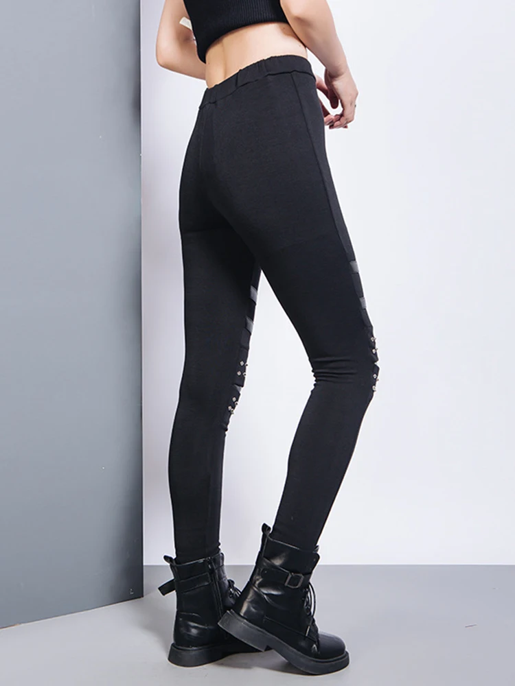 EAM High Elastic Waist Black Brief Long Rivet With Fleece Casual Pants New Trousers Women Fashion Spring Autumn 2024 1DH7172