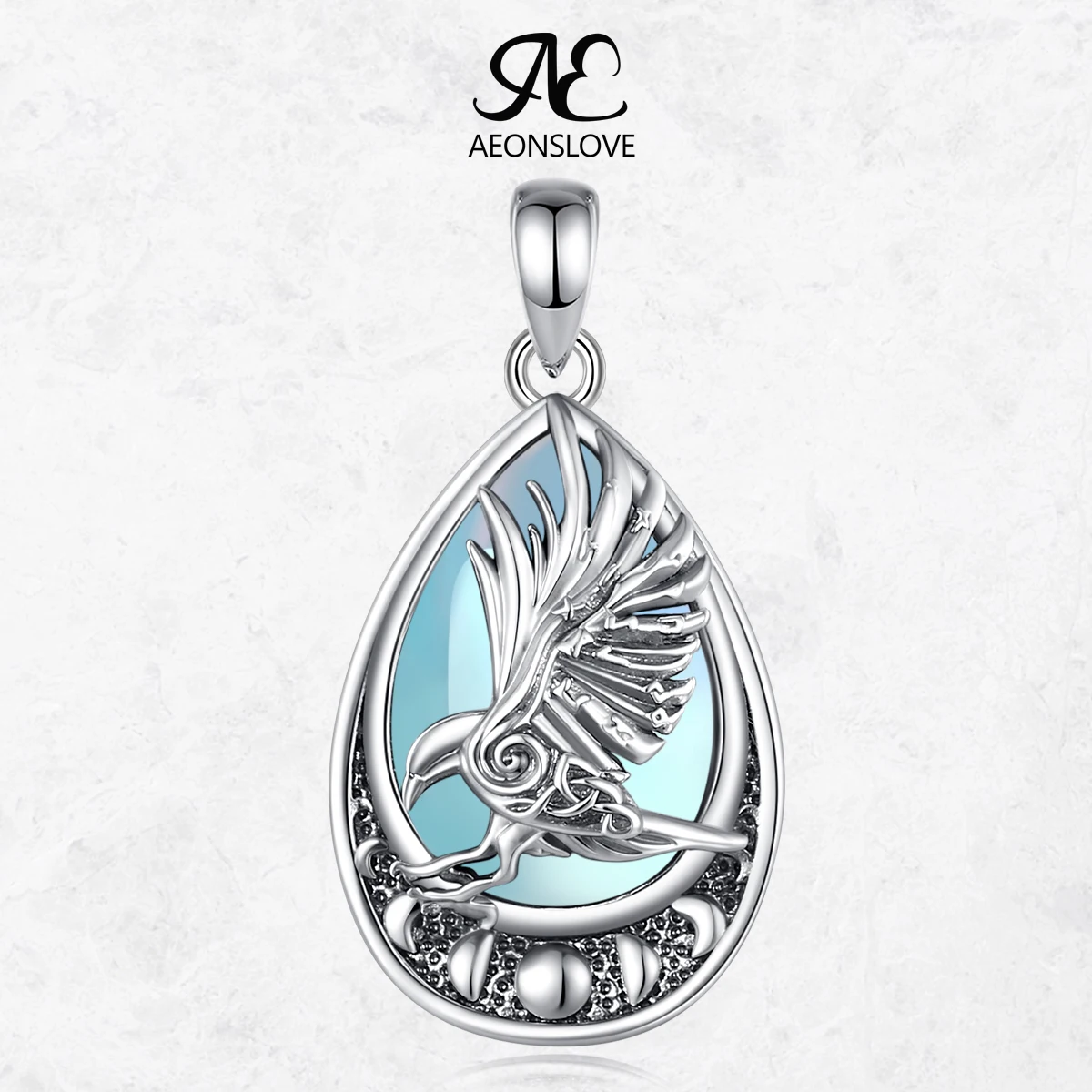 AEONSLOVE Wicca Moon Phase Raven Necklace Teardrop Moonstone Pendant Witch Amulet Pagan Jewelry Halloween Gifts for Women Men