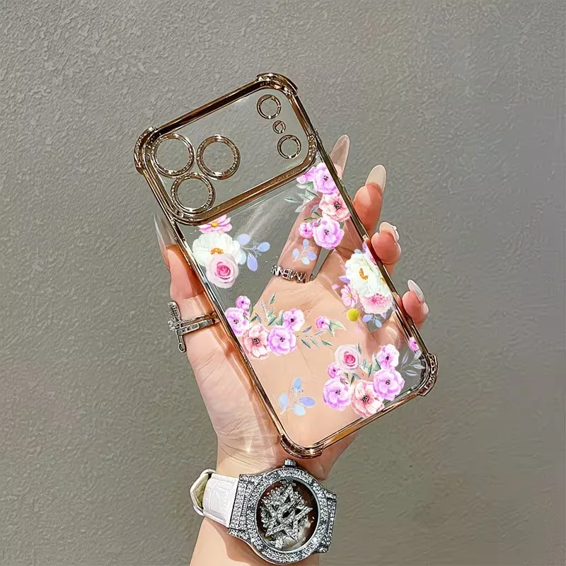 Simple Creative Floral Phone Case For iPhone 17 16 15 14 13 12 11 Pro Max Plus Air 17e 16e Plating Airbag Protection Cover - view 3