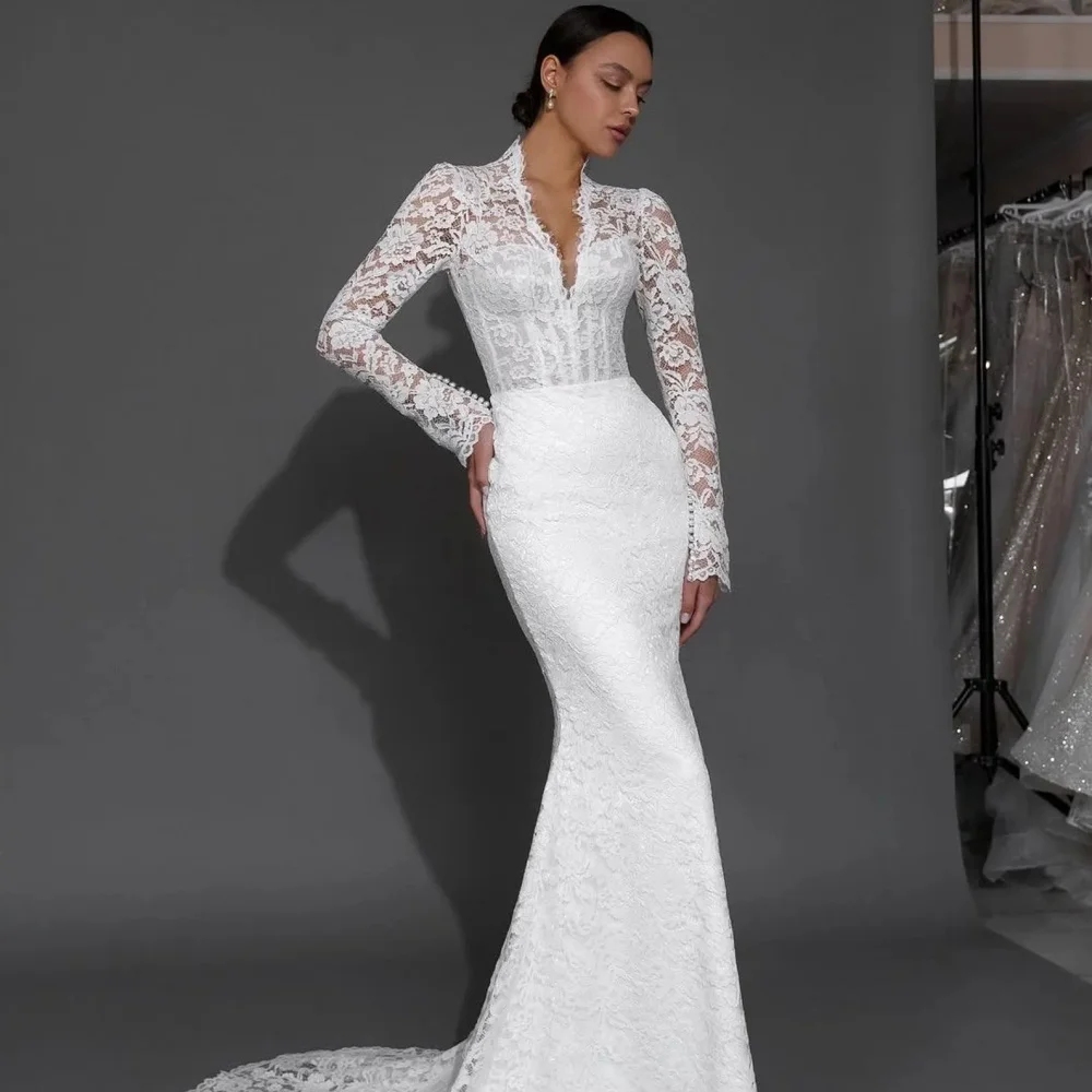 فستان زفاف دانتيل مخصص برقبة على شكل V فساتين عروس حورية البحر بأكمام طويلة فساتين زفاف فاخرة جديدة أنيقة فيستدوس دي نوفيا
