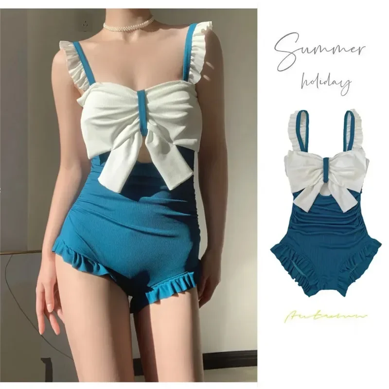 Korean Fashion One Piece Swimsuit Women Summer Bathing Suit Big Bowknot Backless Push Up Monokini Print Swim Suit Beach Wear