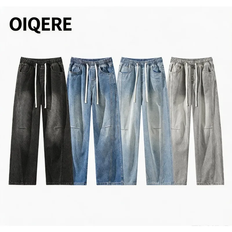 OIQERE Mens Curved Cut Jeans 2026 Autumn New Teen Loose Straight Casual Sickle Style Denim Long Pants For Young Men