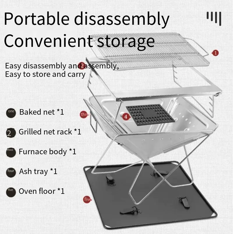 For Large Foldable Stainless Steel Campfire Grill, Portable BBQ Fire Pit & Charcoal Stove for Outdoor Cooking