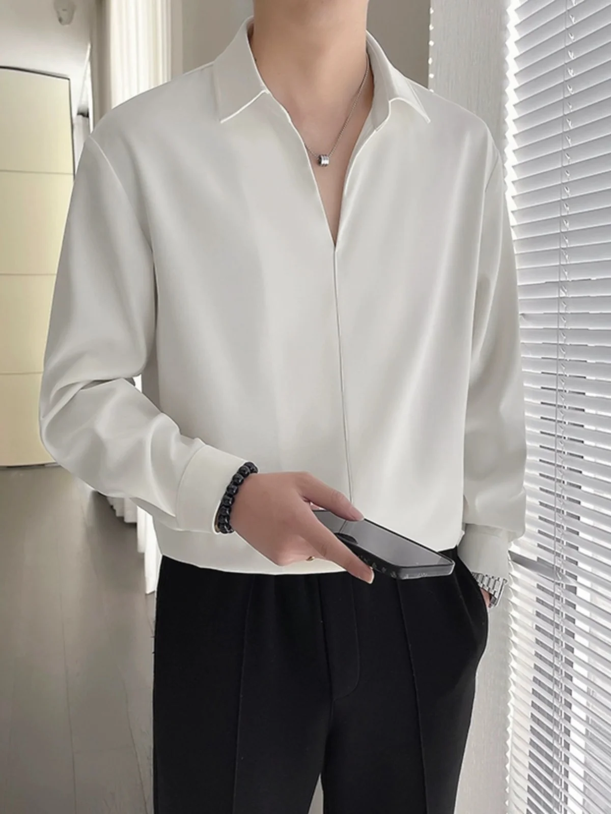 

Korean British Style Long Sleeve Men's Shirt Spring New Casual Hairstylist White Shirt Standard Fit Decorative Stitching