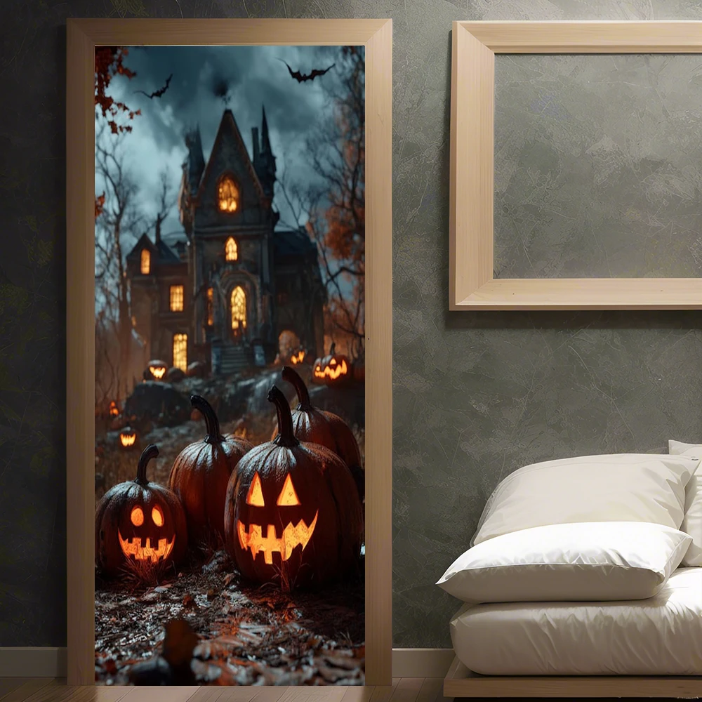 Pumpkin Lantern Ghost Spooky Door Sticker Self‑Adhesive Waterproof Anti‑Scratch Vinyl Cabinets Wardrobe Ornamental Stickers