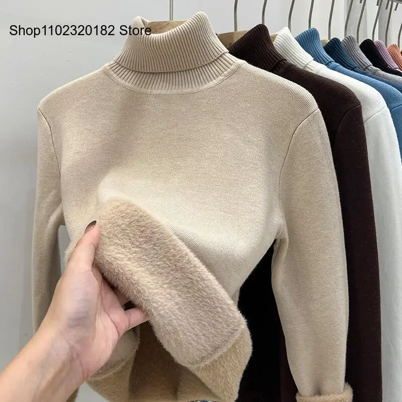 Thicken Velvet Turtleneck Sweater Women Korean Fashion Lined Warm Sueter Knitted Pullover Slim Winter Jersey Knitwear Jumper
