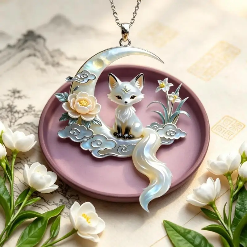 1Pcs Retro Moon Fox Pendant Necklace Thin Cable Chain Elegant Chinese Style Hanfu Accessories Jewelry Gift