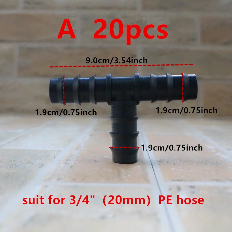 20mm 3/4inch Garden Irrigation Tubing Barbed Connector Tee Elbow End Plug Pe Pipe Coupler Micro Drip Adapter for Garden
