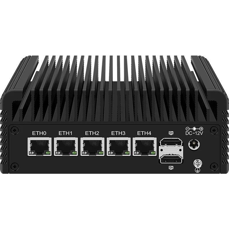 Mrroute 5 lans mini pc n100 ddr5 16g ssd 256g lüfter loser mini computer, 4 ethernet lans dp & hdmi dual displays win11