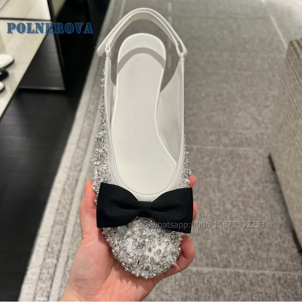 Bowknot Rhinestone patchworkowe płytkie sandały z okrągłym noskiem kwadratowy obcas pasek z tyłu mieszane kolory Mary Janes Patchwork eleganckie czółenka