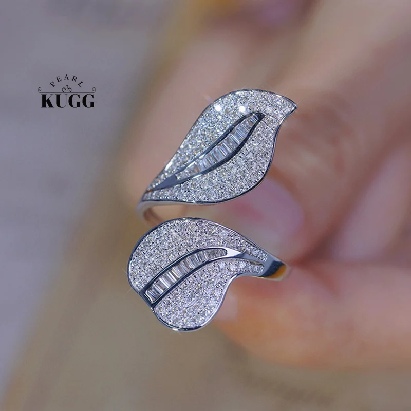 KUGG 100% 18K White Gold Rings Luxury Leaf Design 0.85carat Real Natural Diamond Open Ring for Women High Party Jewelry