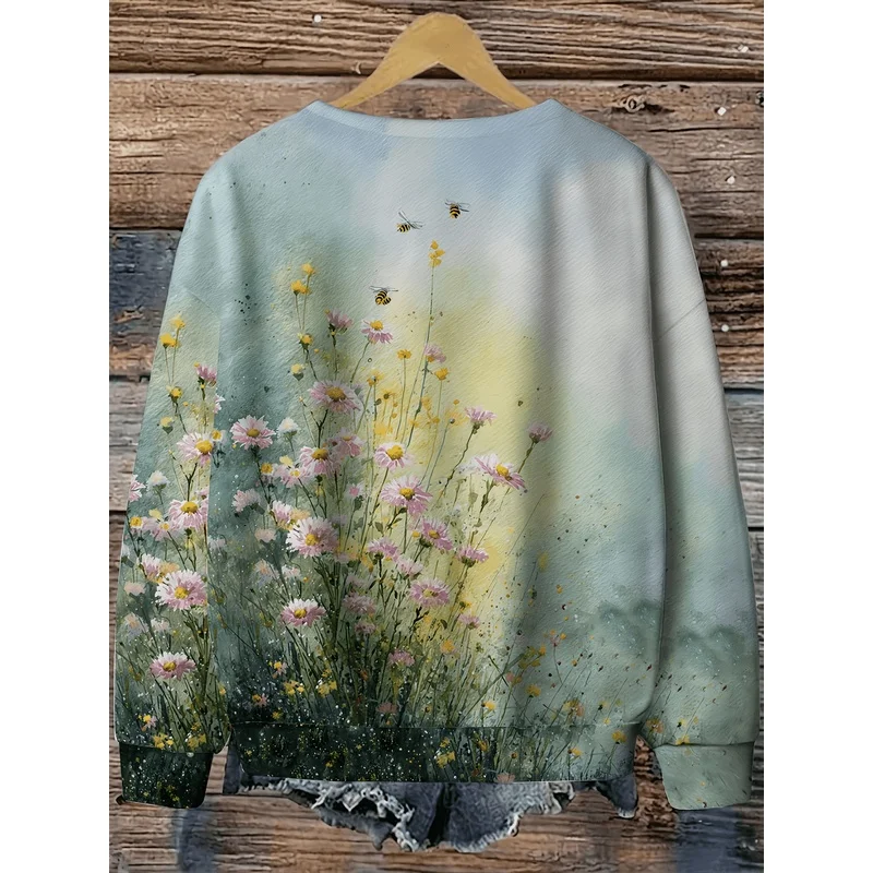 Women Watercolor Wildflower Bee Print Crew Neck Sweatshirt, Vintage Gradient Long Sleeve Oversized Pullover Casual Floral Graph