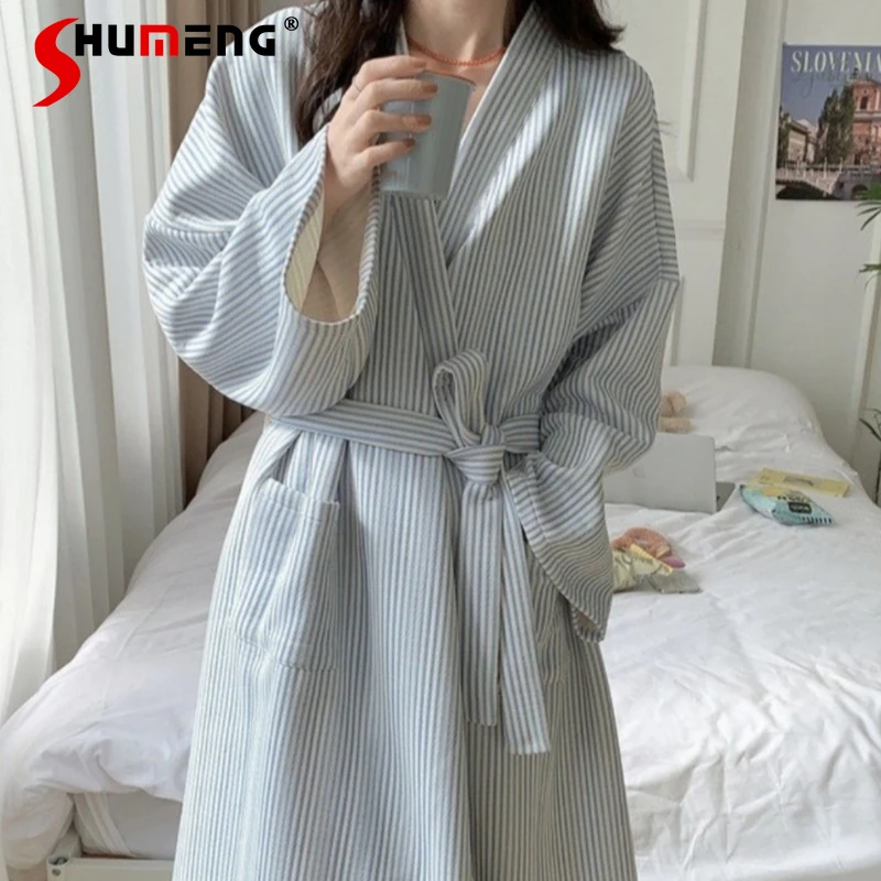 

Women's Autumn Winter Japanese New Nightgown Thickened Cotton Japanese Simple Robes Female Striped Pajamas Homewear Robes