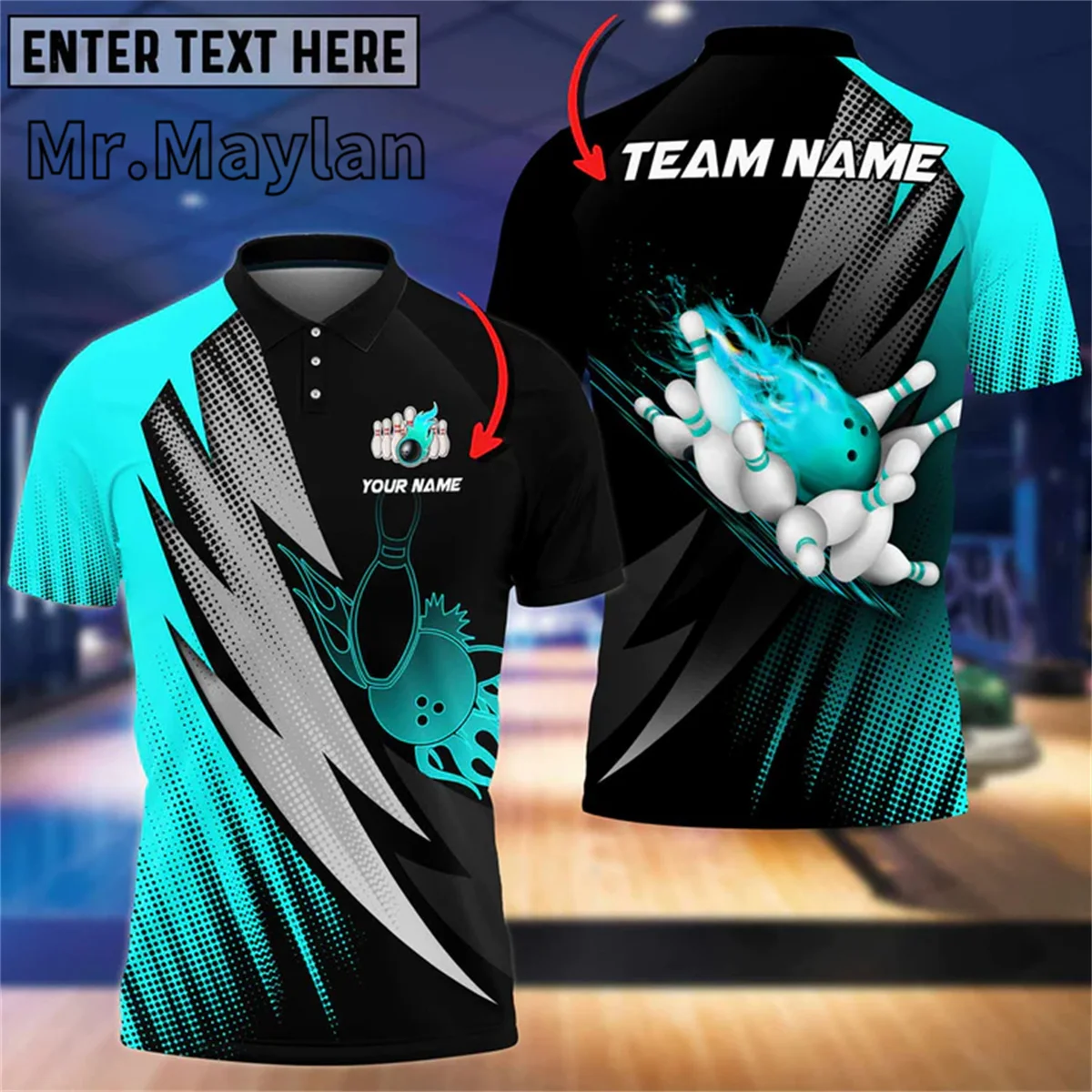 Customized Fire Blaster Bowling And Pins Multicolor 3D Polo Shirt Custom Name Team Shirts Men\'s Gift For Bowling Lover Tops D-11