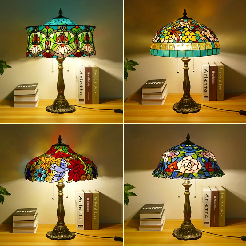 

Retro Desk Lamp European Tiffany Table Light Dragonfly Flower Art Decor Living Room Bedside Glass Lighting Fixture LED Luminaria