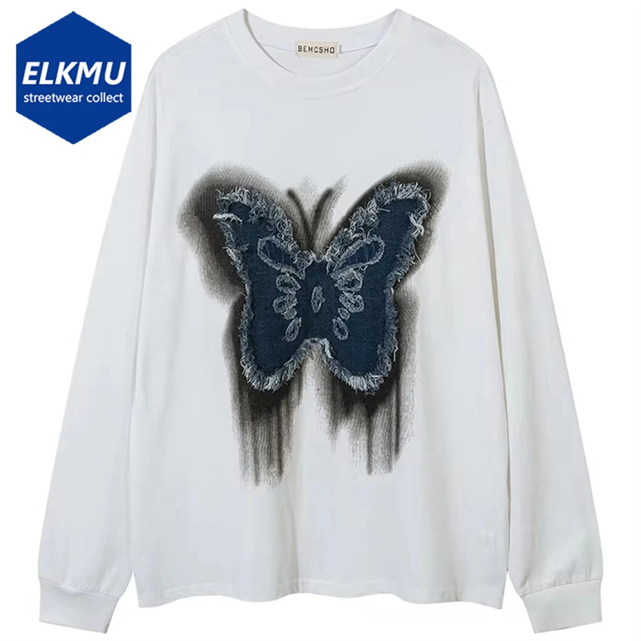 

Рубашка Y2K в стиле хип-хоп с вышивкой, нашивкой-бабочкой, графическим принтом, футболка с длинным рукавом, уличная одежда, хлопковая свободная футболка в стиле Харадзюку, черная, белая
