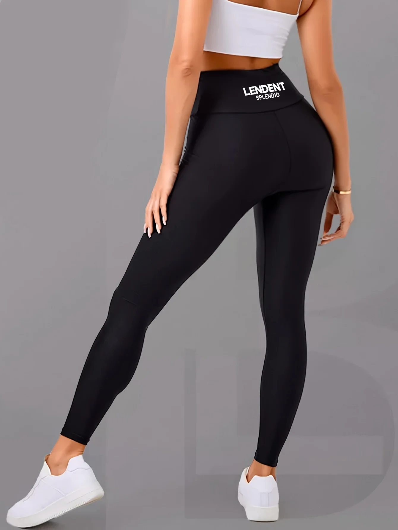 Elegante, hoch taillierte, glänzende, hochelastische Basishose für Frühling und Sommer mit Buchstaben-Design an der hinteren Taille und ausgestelltem Boden