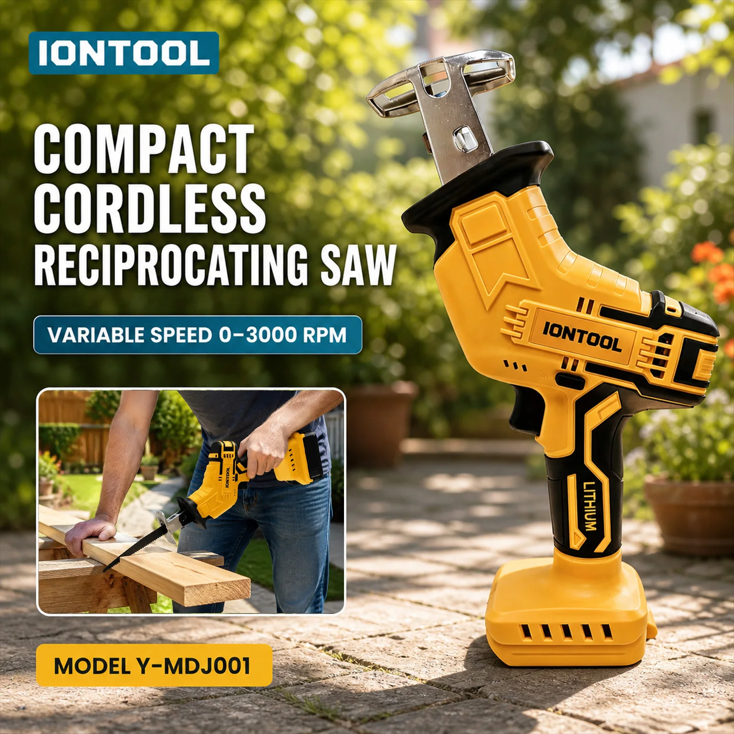 iontool-イエロー-ポータブルコードレスレシプロソー-90w-3000spm-本体のみ、屋外での木材や枝の切断作業用