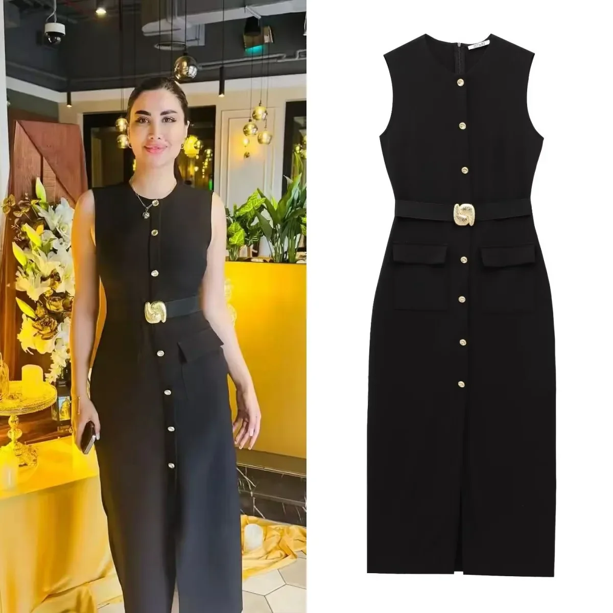 

Pop Women's Spring Collection Elegant And Stylish Crewneck Sleeveless Dress With Gold Buckle Waistband Skirt