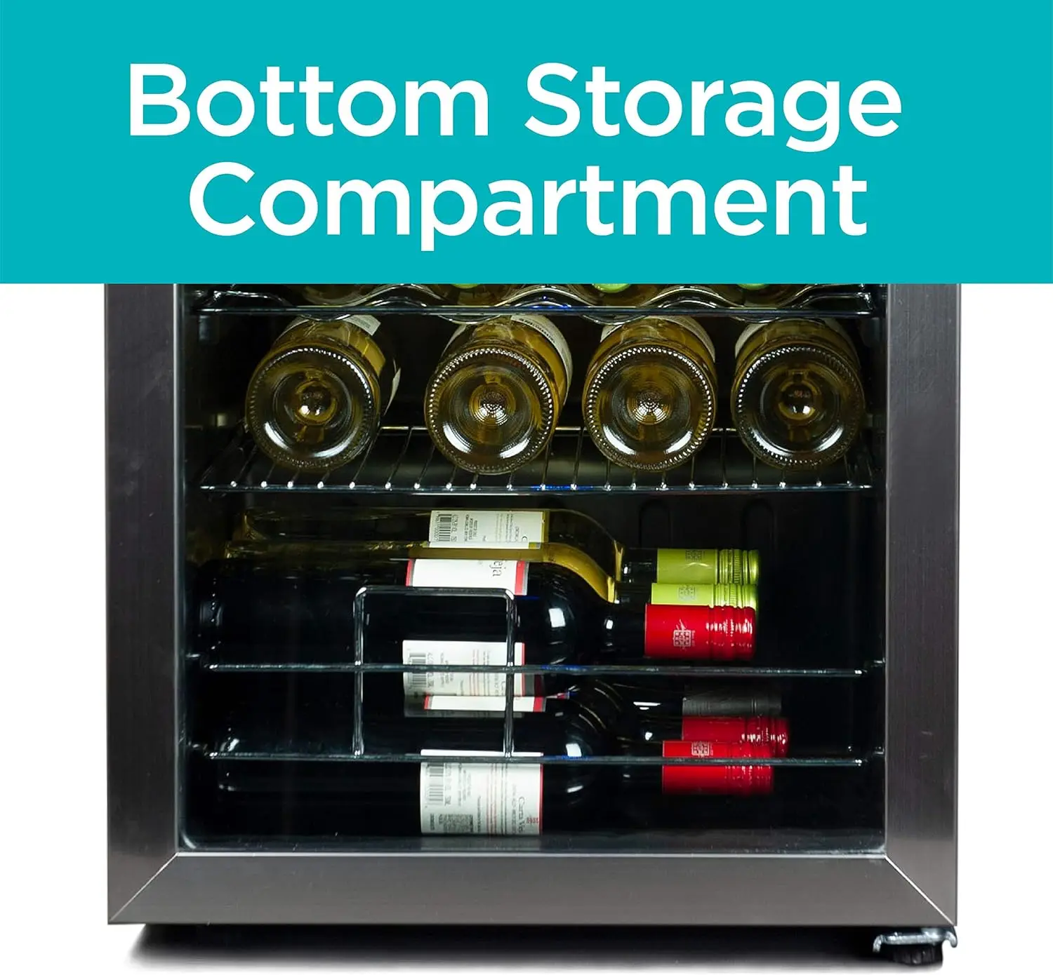 ثلاجة نبيذ 26 زجاجة مع ضوء داخلي وتحكم ميكانيكي في درجة الحرارة، مع رف مسطح، مع حجرة سفلية