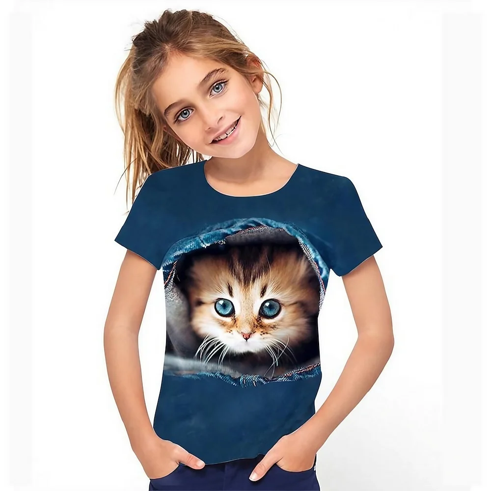 Camiseta con estampado 3d de gato para niñas, camisetas con bonitos viñetas de animales para niñas, camiseta de regalo para niños, Top informal de manga corta, ropa para niños 2025