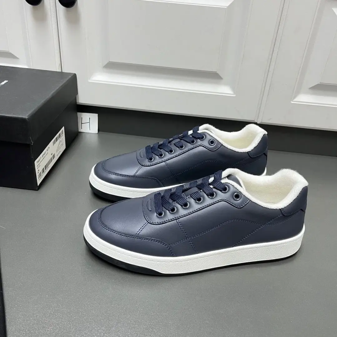 Unisex Navy Blue Fleece Lined Low Top Sneakers Smooth Leather Lace Up Casual Shoes Flat Warm Autumn Winter Street Skate Footwear for Men Women
