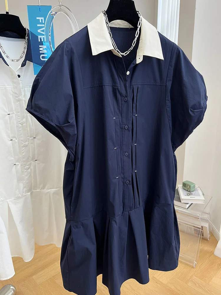 Fashion 2024 New Female Summer Vintage Casual Niche Design Sense Slim Dress Turn-down Collar Bubble Sleeve Shirt Dress