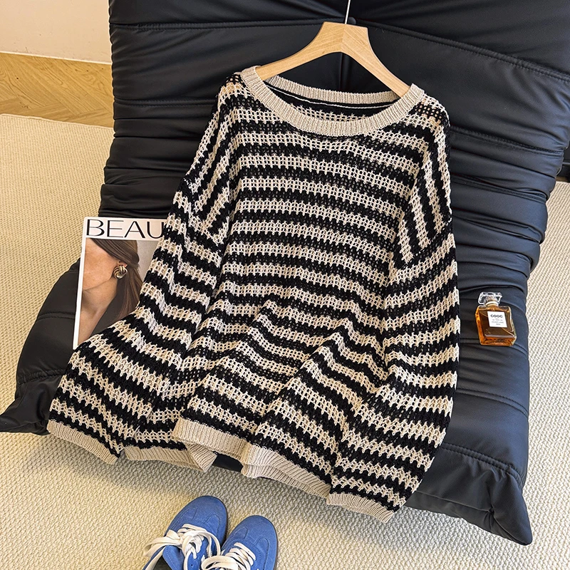 

Свободный повседневный круглый трикотажный топ Ne Long Sve в полоску для больших размеров, женский весенне-осенний новый Sle из полиэфирного волокна