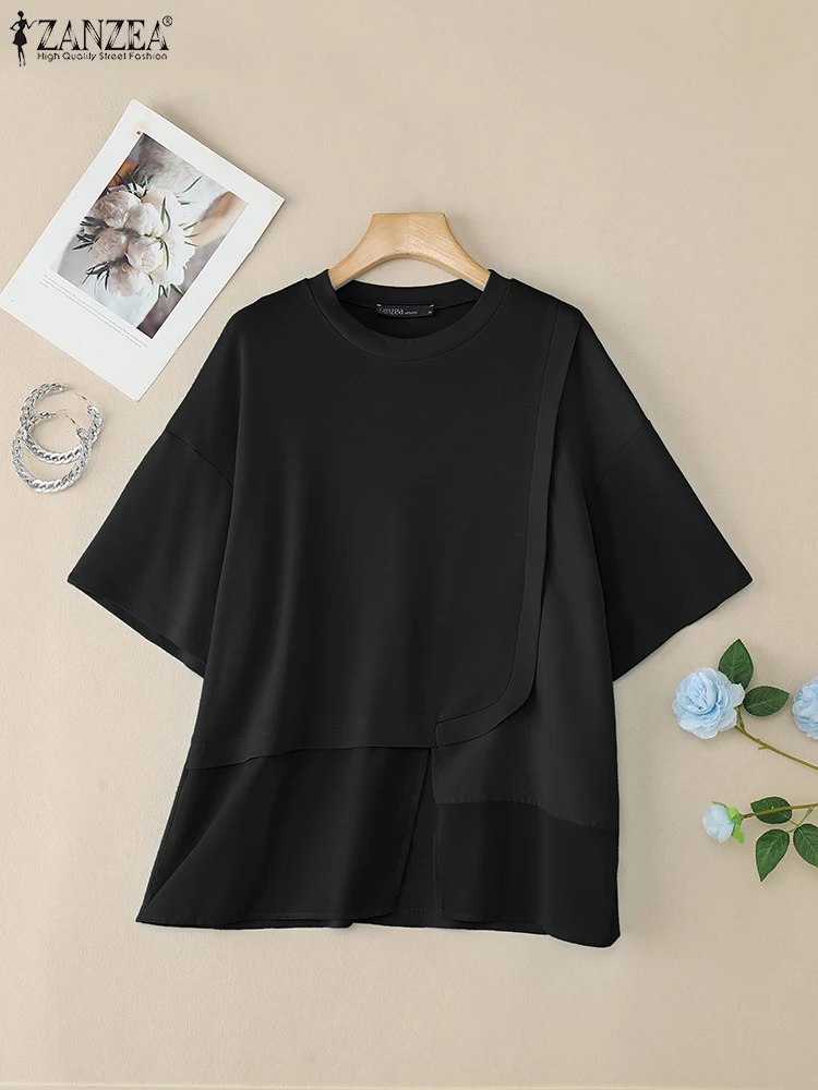 ZANZEA 非対称裾ブラウス女性スタイリッシュな O ネック半袖パッチワーク Tシャツ夏のストリートファッション固体 Blusas Mujer
