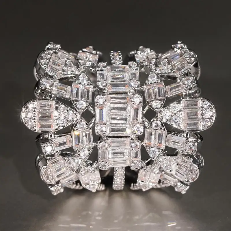 Huitan Symmetrisches Design Damen Silberfarbener Ring Hochzeit Party Eingelegte Glänzende Geometrische Zirkonia Mode-Accessoires Statement-Schmuck – Detail 2