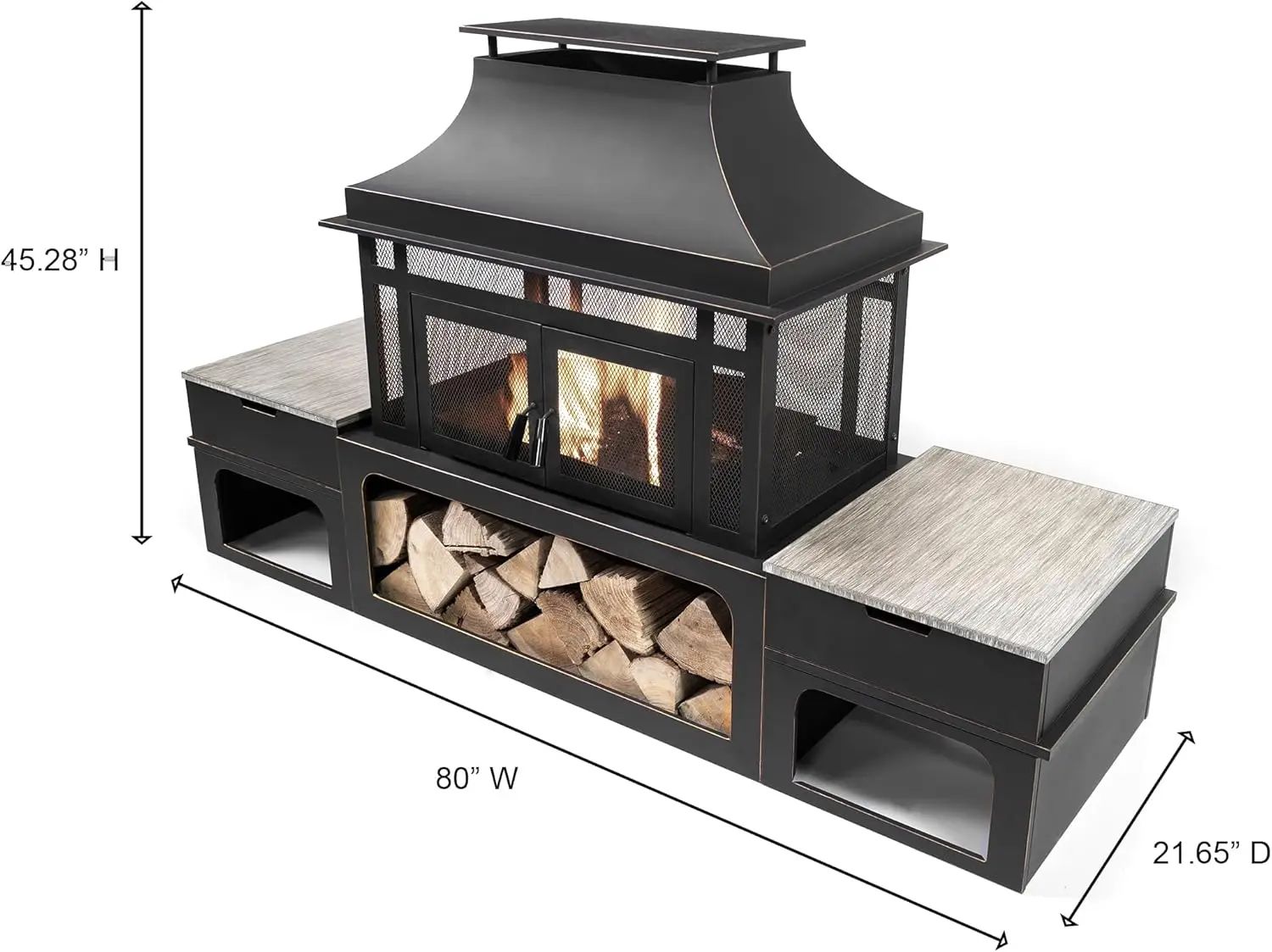 80-Inch Metal Wood Burner Fireplace with Side Storage Tables - Wood Burning Fire Pit for Home - Smokeless Patio Fire Pit