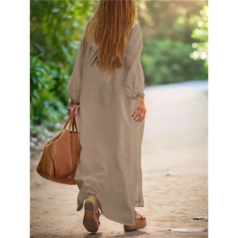 Vestido camisero de lino largo con cuello de manga larga de verano para mujer Vestido recto tipo túnica con botones sueltos