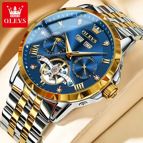 Imagen 1 del producto OLEVS-reloj multifuncional con esqueleto para hombre, reloj de pulsera mecánico automático de lujo para hombre, correa de acero inoxidable resistente al agua 6691