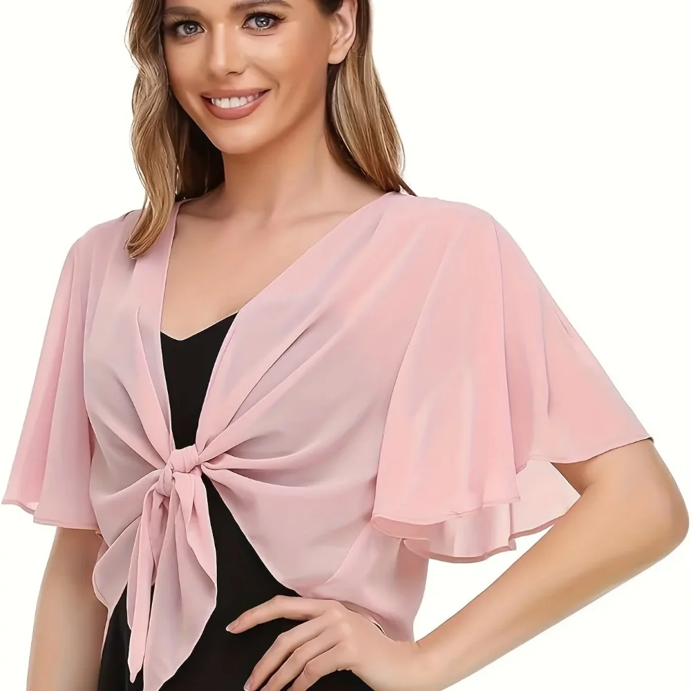 Women's Thin Chiffon Blouse Bolero Shrug Flared Short Sleeve Cape Tie Front Sheer Cardigan For Evening Dress Cover Up Women 2026