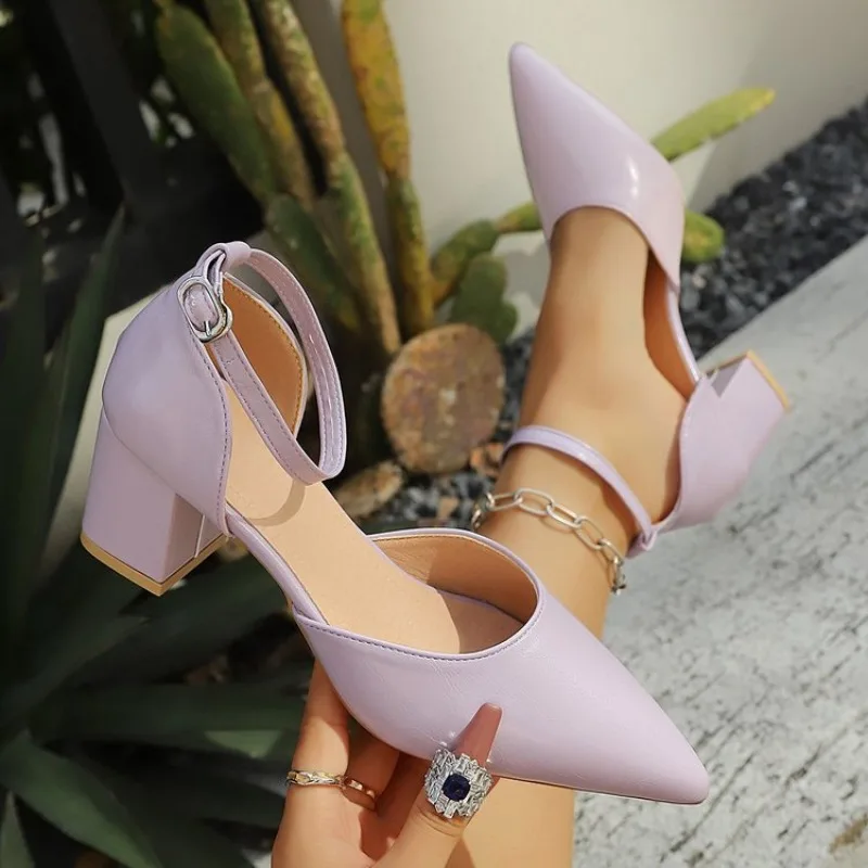 2026 Women Buckle with Pointed High Heels Thick Heel Women Heeled Sandals Pumps Ladies Dress Party Shoes
