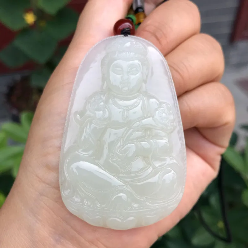 Hotan Large Men'S Bodhisattva Pendant White Jade Ruyi Guanyin Necklace