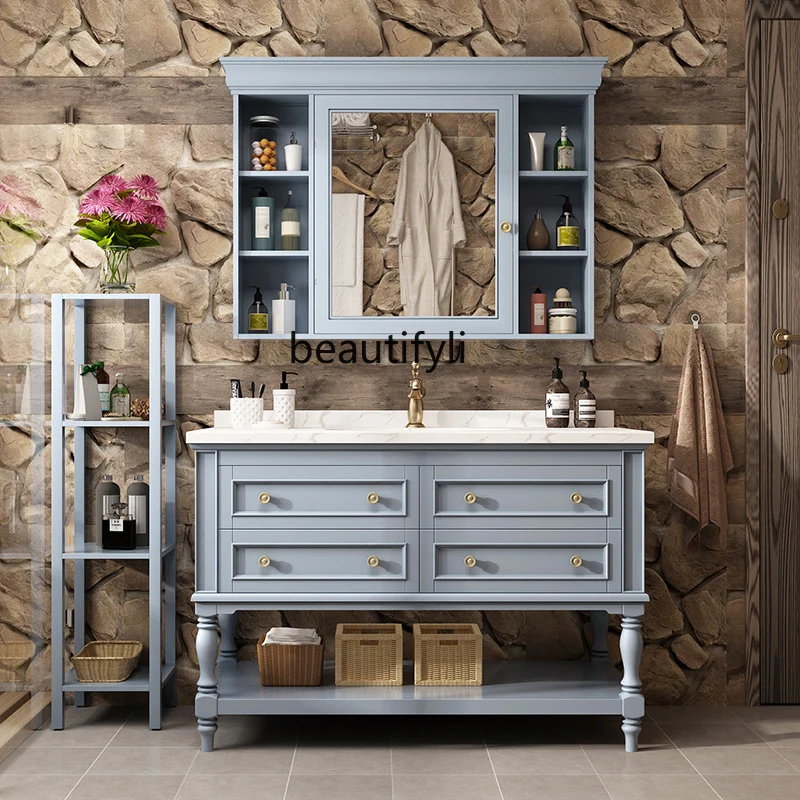 American Bathroom Cabinet Combination Solid Wood Floor Wash Wash Basin Pool Washstand Stone Plate