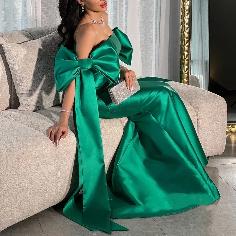 Elegant Green Off Shoulder Bow Stain Prom Gown Women Mermaid Strapless Party Evening Dresses Floor Length Special Occasion Dress