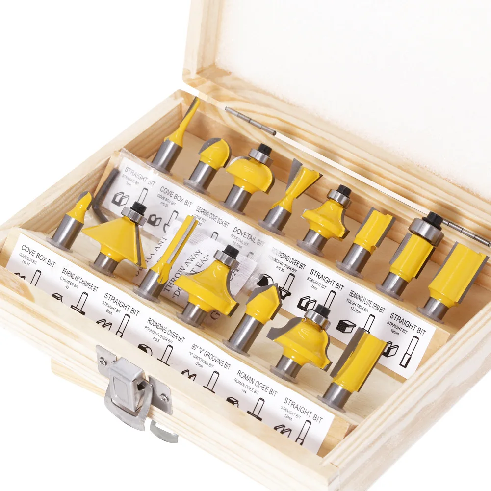 15Pcs 6.35Mm Router Bit Set Trimmen Rechte Frees Hout Bits Tungsten Carbide Snijden Houtbewerking Trimmen