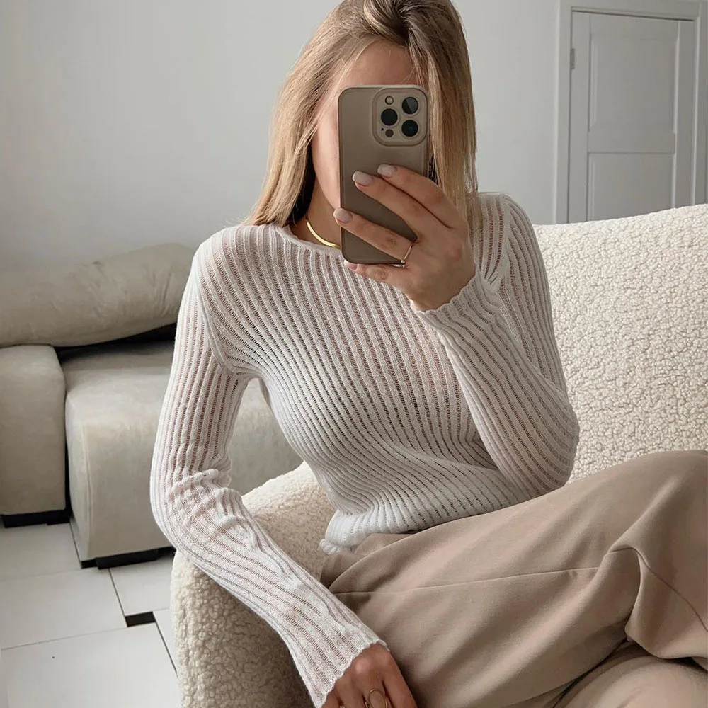 Sexy See Through Hollow Out Knitwear Women Top Spring Summer Long Sleeve O-neck White Pullovers Woman Casual Thin Ribbed Sweater