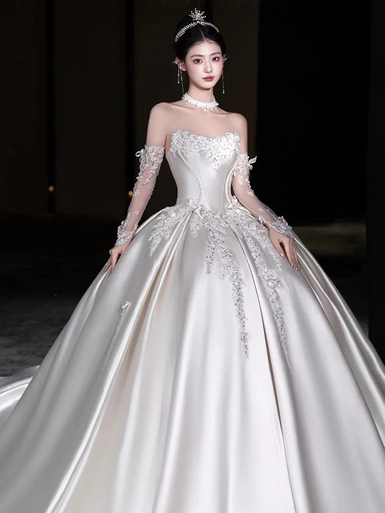 Ruiente High-end Satin Wedding Dresses Classic Strapless Wedding Party Dress Formal Bridal Ball Gowns Customzie Wedding Gown