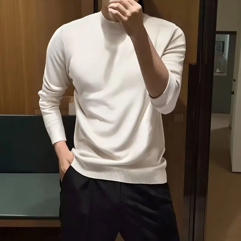 سترة Thiened Long Sve Base irt للرجال متوسطة الياقة العالية بلون نقي ملابس الخريف الدافئة سترة محبوكة من البوليستر الناعم #4